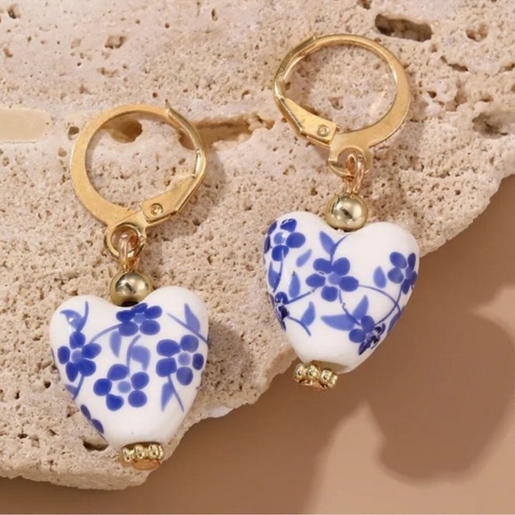 Porcelain Blue and White Huggie Hoop Earrings - Picture 2 of 3